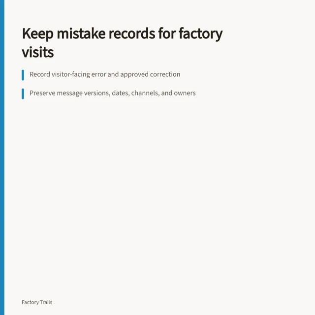 Guide to documenting factory visit mistakes, corrections, versions, and prevention steps. Working factory visits: how owners should keep mistake records in 2027