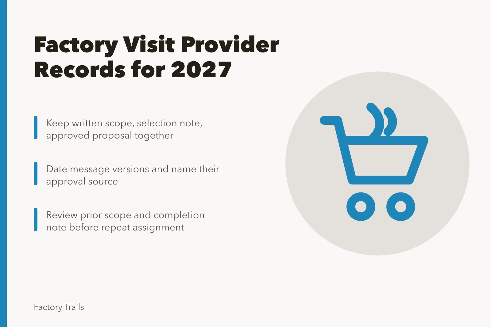 Card listing provider record types to retain for 2027 factory visits. Factory visits provider records: what owners must keep for 2027