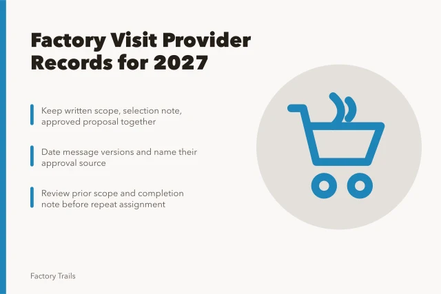 Card listing provider record types to retain for 2027 factory visits. Factory visits provider records: what owners must keep for 2027