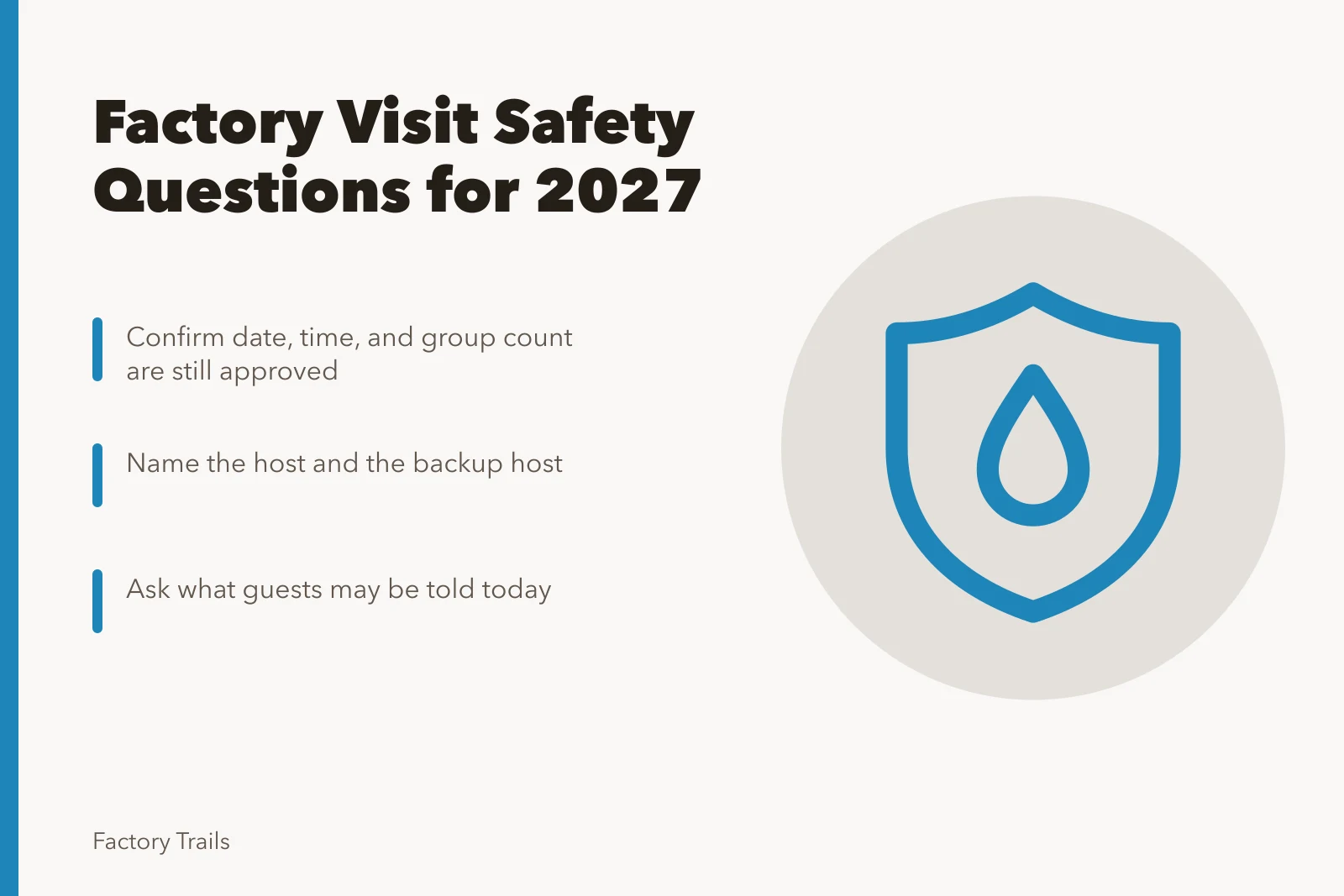 Checklist of factory visit safety questions for 2027 programs. Factory visit safety questions to ask before your 2027 program starts