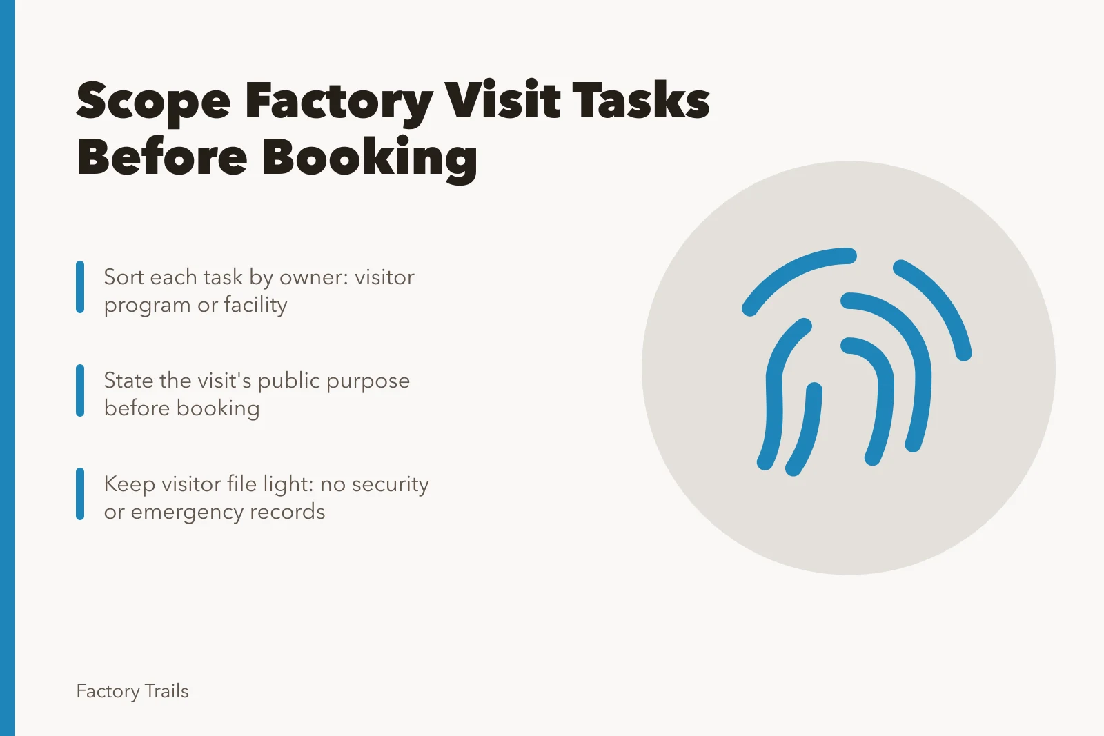 Checklist card for scoping factory visit tasks before booking. Factory visits safety checklist: how to scope working tasks before you book