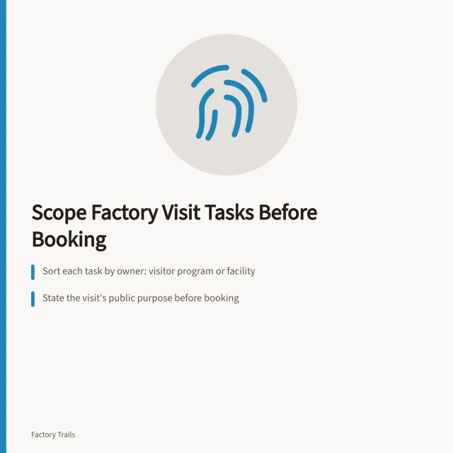 Checklist card for scoping factory visit tasks before booking. Factory visits safety checklist: how to scope working tasks before you book