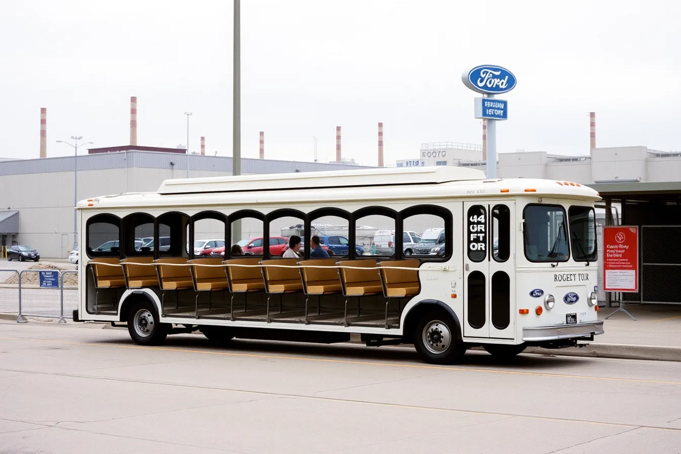 Ford Rouge Factory Tour tram waiting at the visitor centre boarding area. Ford Rouge Factory Tour rules are stricter than most auto plant visits