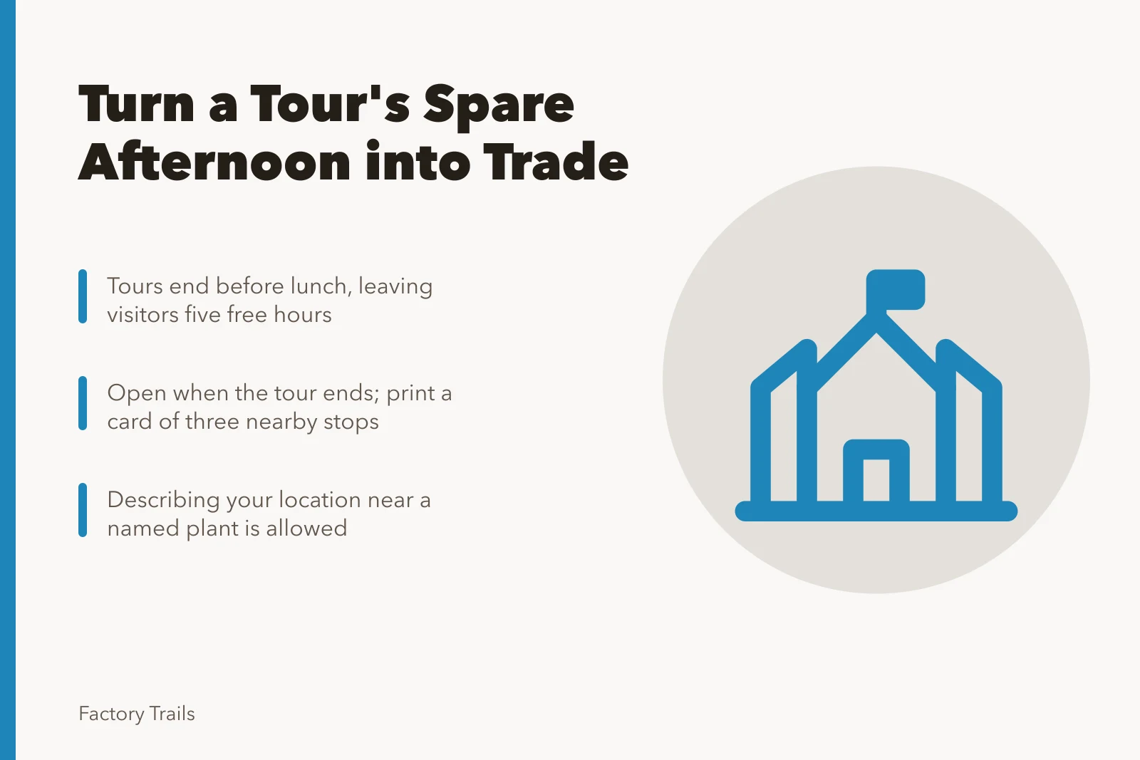 Card about local shops capturing factory tour visitors' free afternoon. Local shops gain the most from a factory tour's spare afternoon