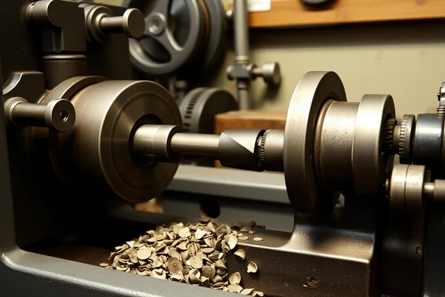 Manual lathe turning a steel replacement part in a machine shop. Machine time and materials matter more to manufacturing museums, compared with money