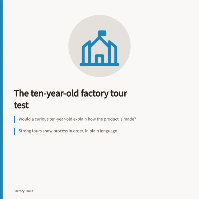 Card comparing factory tours by whether a child could explain the process. How to compare factory tour experiences using a simple ten-year-old test