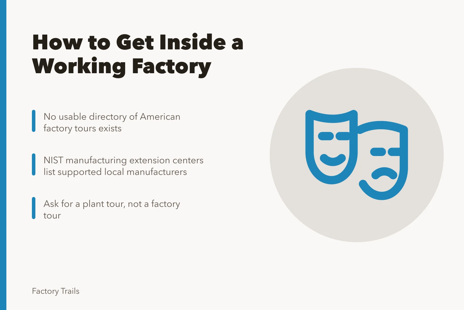 Card listing routes to arranging visits inside working factories. No factory tours directory exists, so a checklist of alternatives has to do