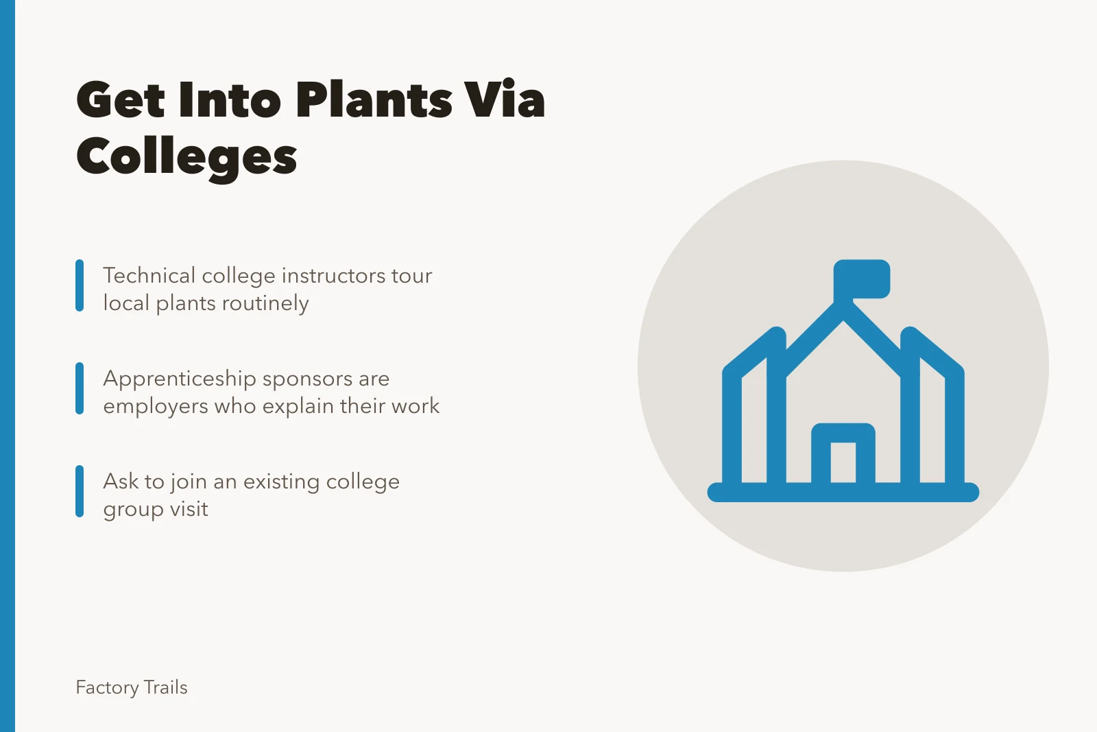 Card about finding factory visits through college instructors and apprenticeships. How to find working factory visits guides through technical college instructors