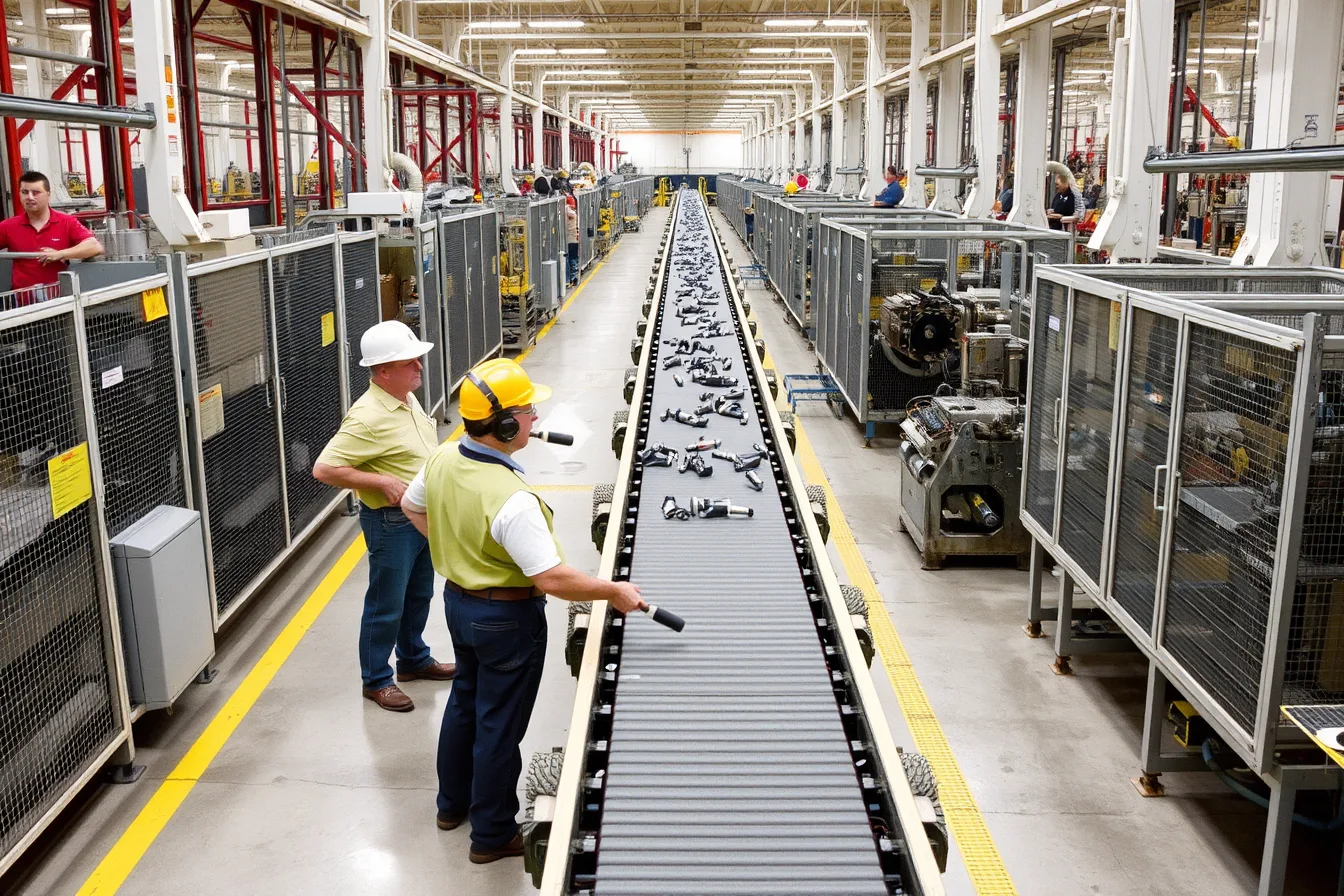 Visitors in safety gear stand on a factory floor beside running machinery and a conveyor. One factory tour a day, compared with a packed schedule, wins every time