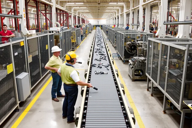 Visitors in safety gear stand on a factory floor beside running machinery and a conveyor. One factory tour a day, compared with a packed schedule, wins every time