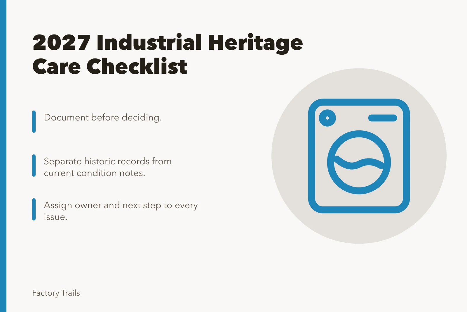 Checklist card for industrial heritage care and records review. How a 2027 industrial heritage care checklist keeps your records review ready