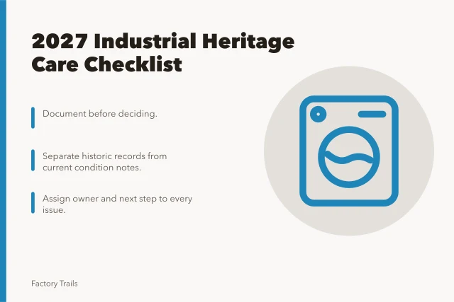 Checklist card for industrial heritage care and records review. How a 2027 industrial heritage care checklist keeps your records review ready