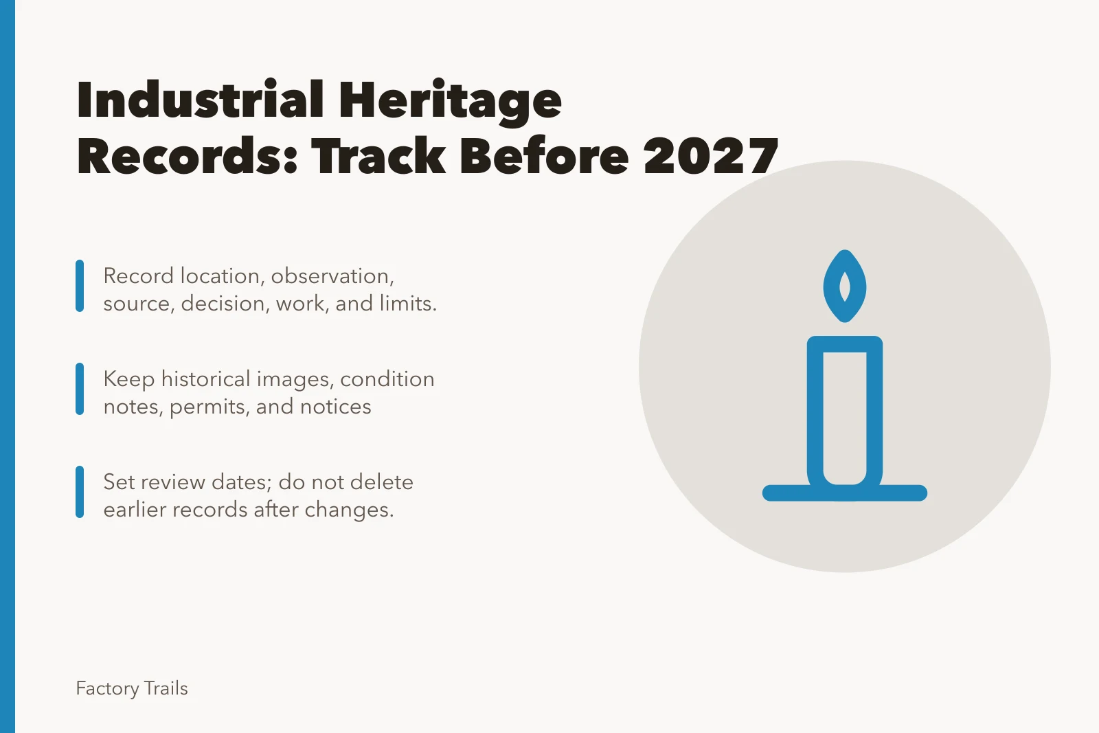 Industrial heritage record card with archive icon and key tracking fields. Industrial heritage owner records: what to track before 2027