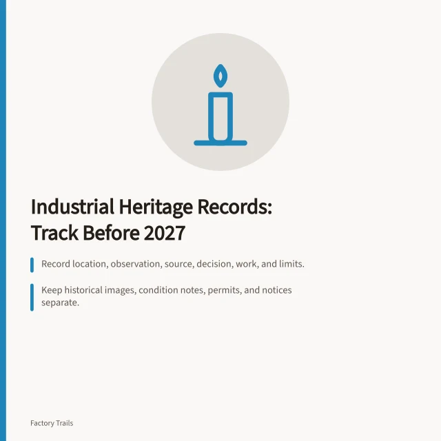 Industrial heritage record card with archive icon and key tracking fields. Industrial heritage owner records: what to track before 2027