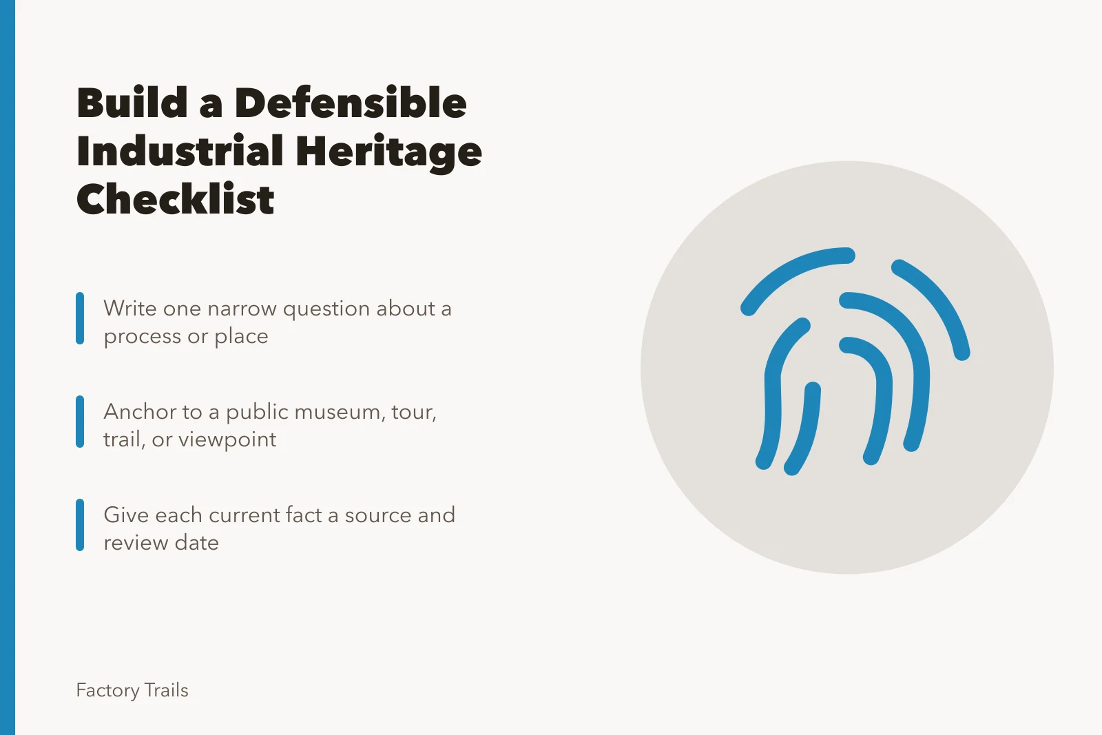 Checklist for verifying industrial heritage case study evidence and public access. How to build an industrial heritage travel case study checklist that holds up