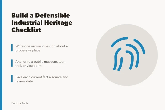 Checklist for verifying industrial heritage case study evidence and public access. How to build an industrial heritage travel case study checklist that holds up