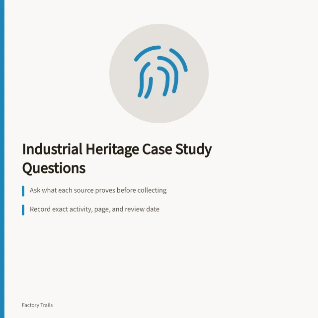 Checklist card for comparing industrial heritage case study evidence. Industrial heritage travel case study questions to ask before you compare methods