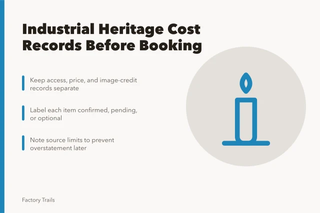 Card on industrial heritage cost records and booking checks. How owner records shape industrial heritage travel cost planning before you book