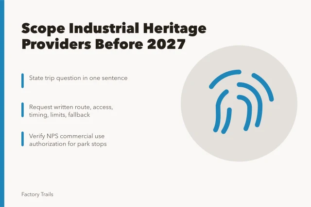 Checklist card for scoping industrial heritage travel providers before 2027. Industrial heritage travel provider selection scope checklist: what to settle before 2027