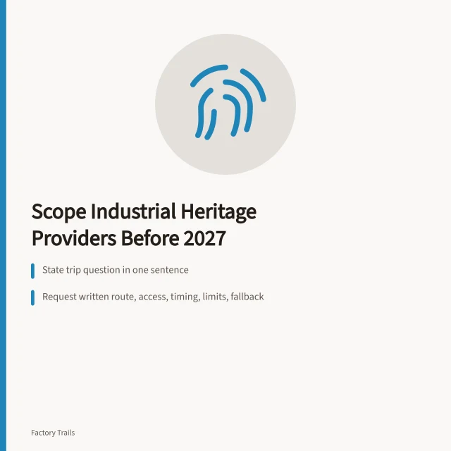 Checklist card for scoping industrial heritage travel providers before 2027. Industrial heritage travel provider selection scope checklist: what to settle before 2027
