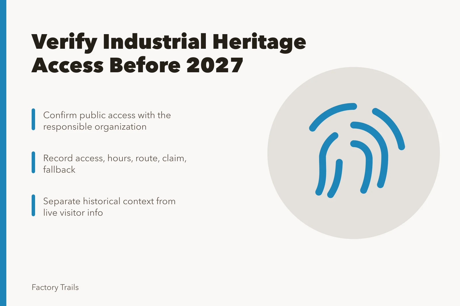 Checklist card for verifying industrial heritage site access before 2027 trips. Industrial heritage travel checklist: how to spot mistakes before 2027 trips