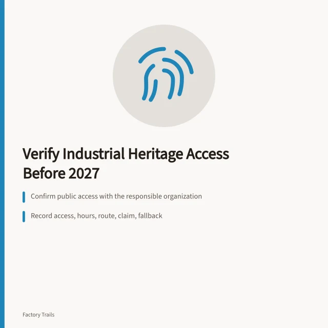 Checklist card for verifying industrial heritage site access before 2027 trips. Industrial heritage travel checklist: how to spot mistakes before 2027 trips