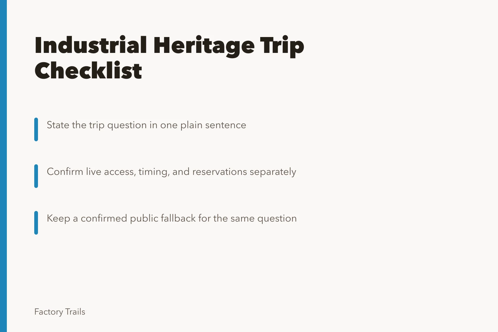 Checklist card for planning industrial heritage travel options. How to build an industrial heritage travel options checklist before you book