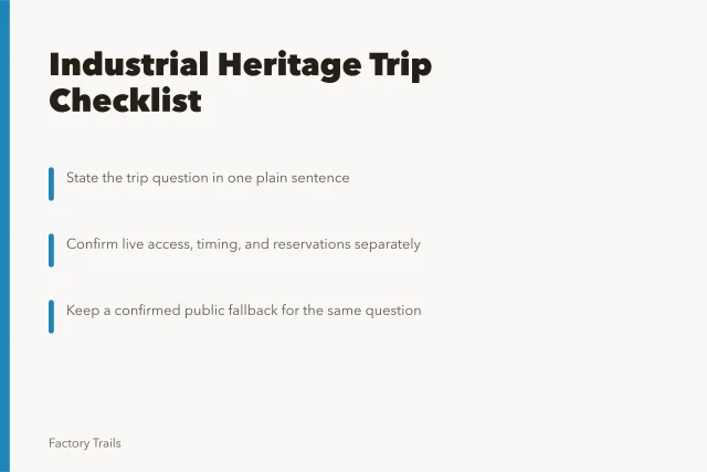 Checklist card for planning industrial heritage travel options. How to build an industrial heritage travel options checklist before you book