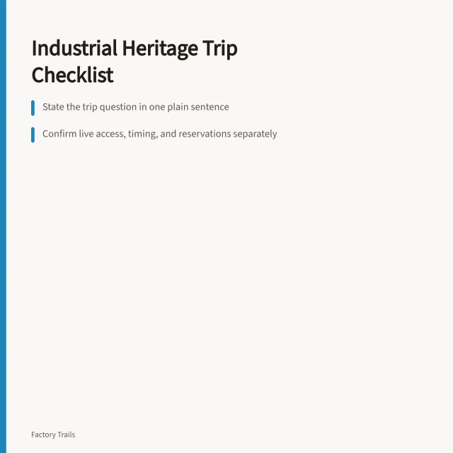 Checklist card for planning industrial heritage travel options. How to build an industrial heritage travel options checklist before you book