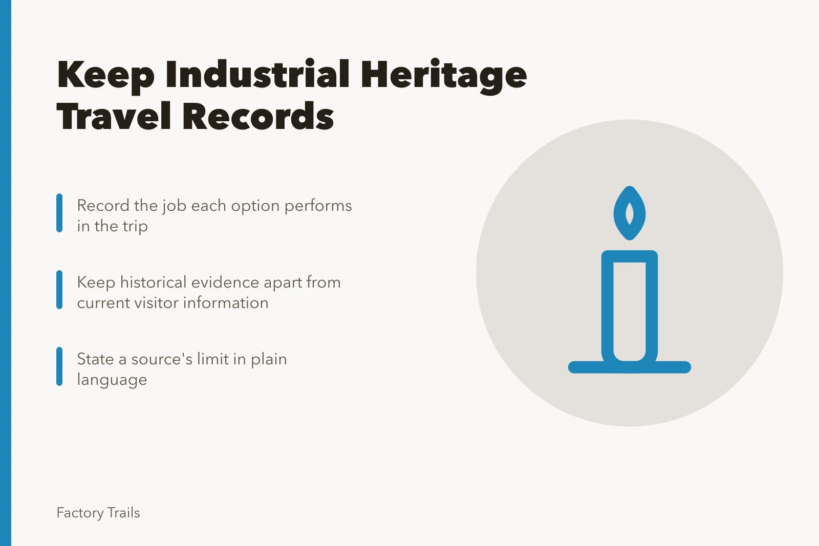 Card listing three steps for keeping industrial heritage travel records. How to keep industrial heritage travel records for 2027