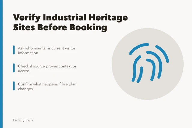 Checklist for verifying industrial heritage site details before travel. Industrial heritage travel questions to ask before you book a 2027 trip