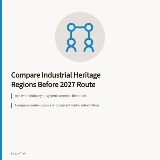 Card comparing industrial heritage regions and visitor access questions for 2027. Industrial heritage travel questions to compare regions before you plan a 2027 route