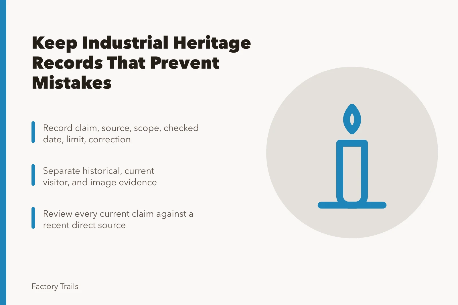 Card listing claim-level record fields for industrial heritage travel guides. How to keep industrial heritage travel records that prevent mistakes