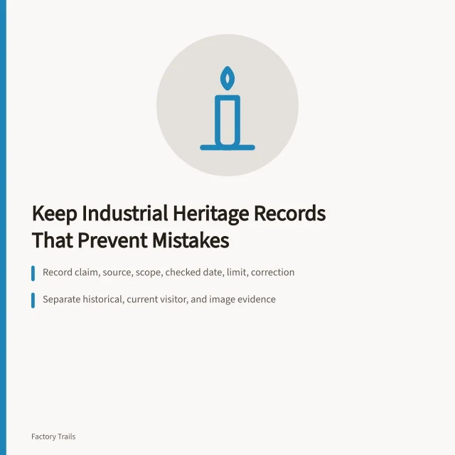 Card listing claim-level record fields for industrial heritage travel guides. How to keep industrial heritage travel records that prevent mistakes