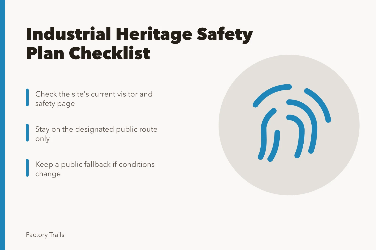 Checklist card for planning a safe industrial heritage site visit. Industrial heritage travel safety checklist: how to scope the plan before you go