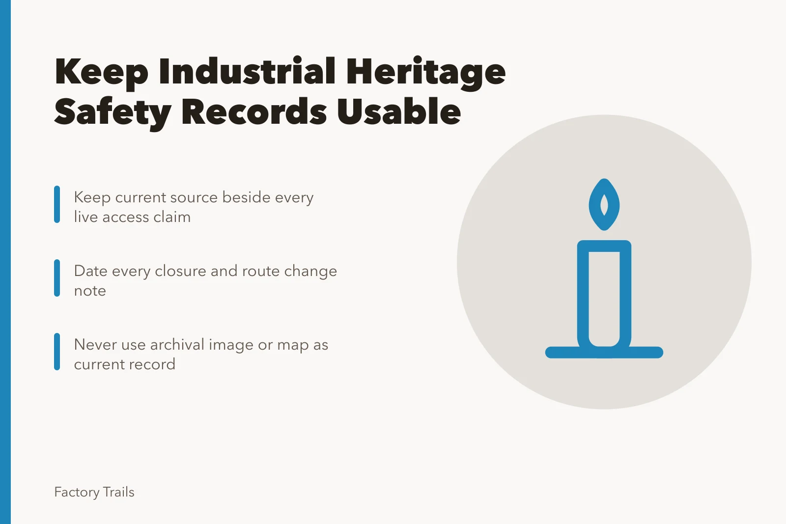 Checklist card for keeping industrial heritage safety records current and usable. Industrial heritage travel safety checklist: how owners keep records usable