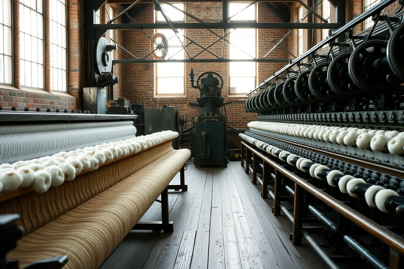 Spinning mule with taut cotton threads inside a preserved textile mill. Industrial heritage travel: the record, kept honest