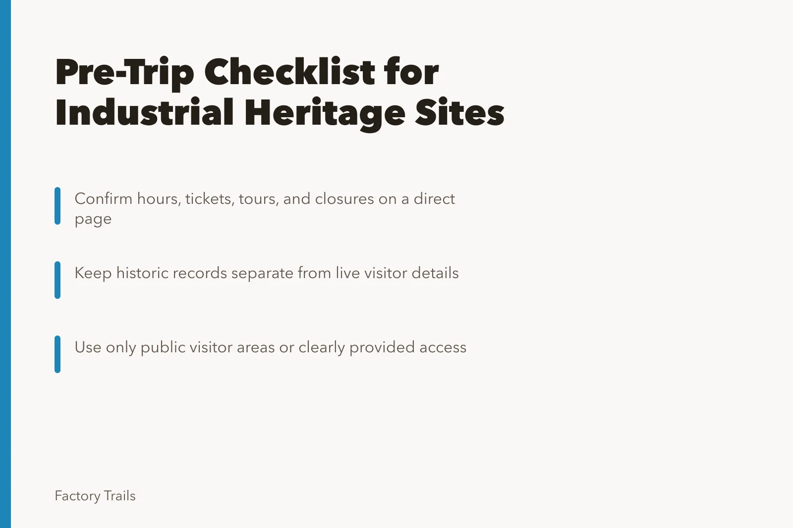 Checklist card for planning industrial heritage site visits. Before you go: a checklist for industrial heritage travel