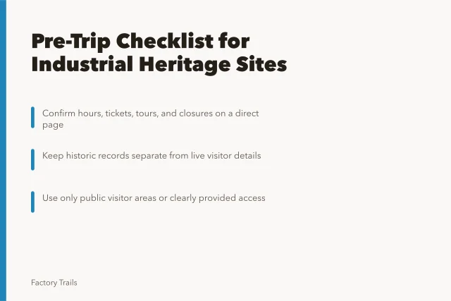 Checklist card for planning industrial heritage site visits. Before you go: a checklist for industrial heritage travel