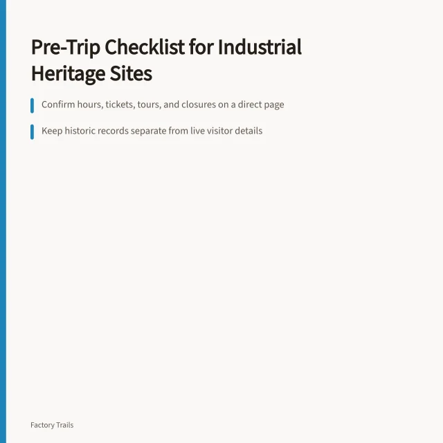 Checklist card for planning industrial heritage site visits. Before you go: a checklist for industrial heritage travel