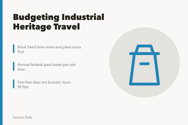 Industrial heritage travel budget card with tour booking and pass tips. 6 points worth checking on industrial heritage travel