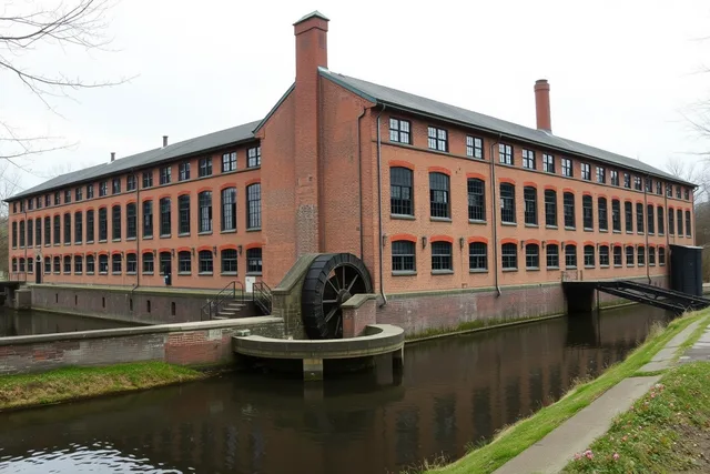 Brick water-powered textile mill with water wheel beside a canal towpath. Industrial heritage travel fundamentals: how to plan a visit that holds up