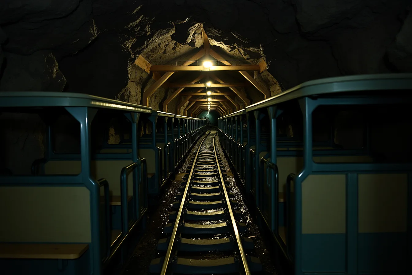 Underground mine tour train on rails in a dim rock tunnel. Industrial heritage travel for people who want the details: the 2027 view