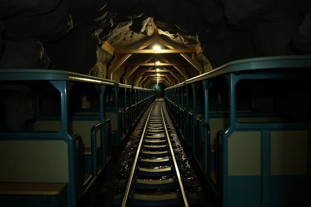 Underground mine tour train on rails in a dim rock tunnel. Industrial heritage travel for people who want the details: the 2027 view