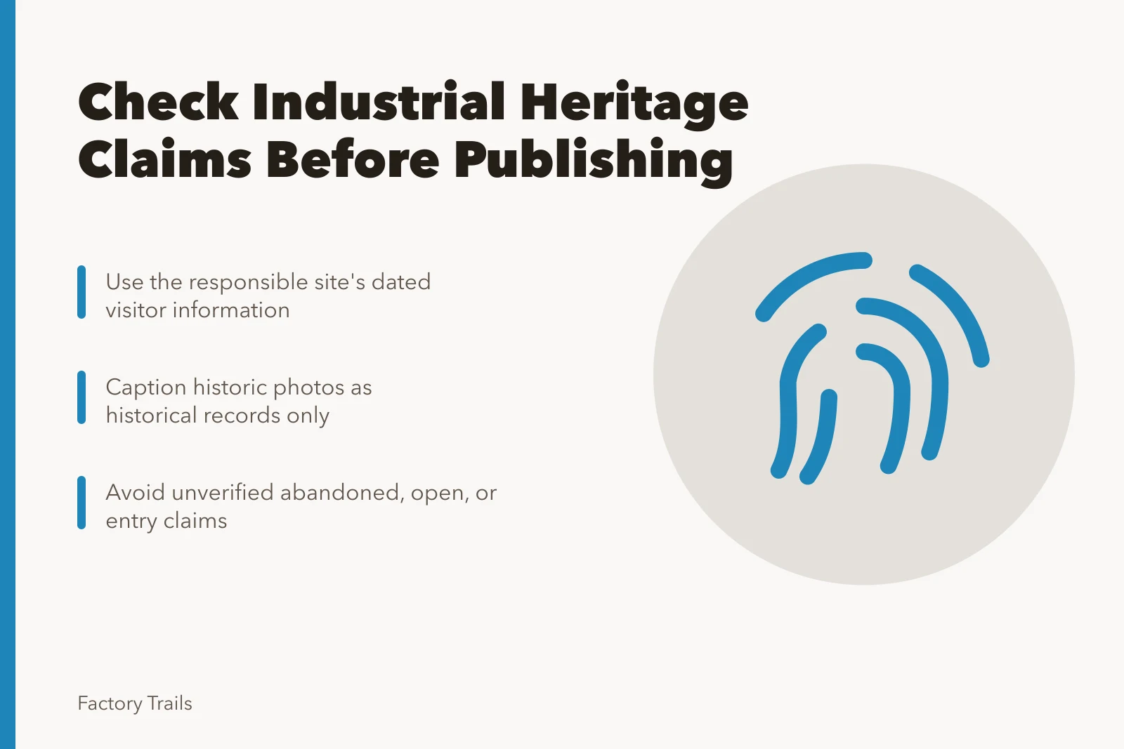 Checklist icon for verifying industrial heritage travel claims before publishing. Industrial heritage travel warning signs to check before you publish
