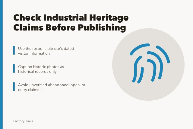 Checklist icon for verifying industrial heritage travel claims before publishing. Industrial heritage travel warning signs to check before you publish