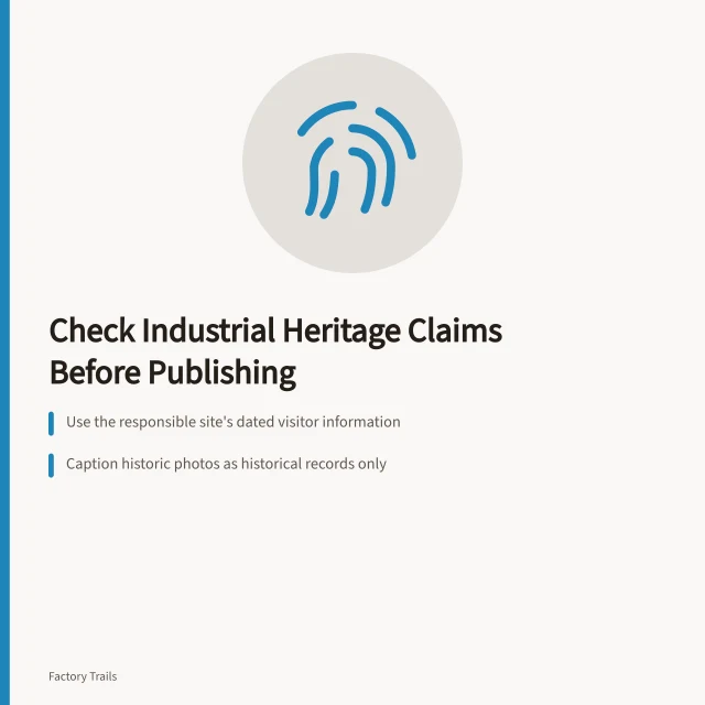 Checklist icon for verifying industrial heritage travel claims before publishing. Industrial heritage travel warning signs to check before you publish