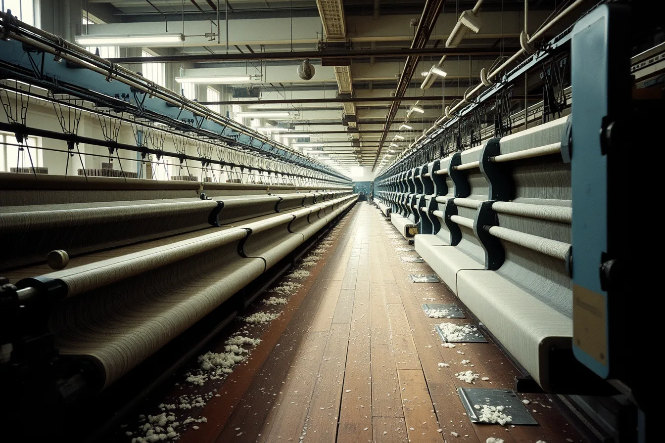 Rows of power looms running in a loud working textile mill room. 6 takeaways on industrial heritage travel