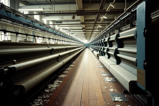 Rows of power looms running in a loud working textile mill room. 6 takeaways on industrial heritage travel