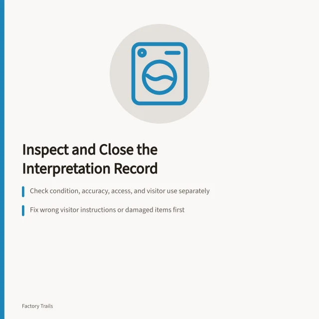 Checklist for inspecting industrial site interpretation panels and records. Industrial site interpretation maintenance checklist: how to inspect and close the record